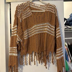 Zara Brown and White Fringe Crochet Sweater